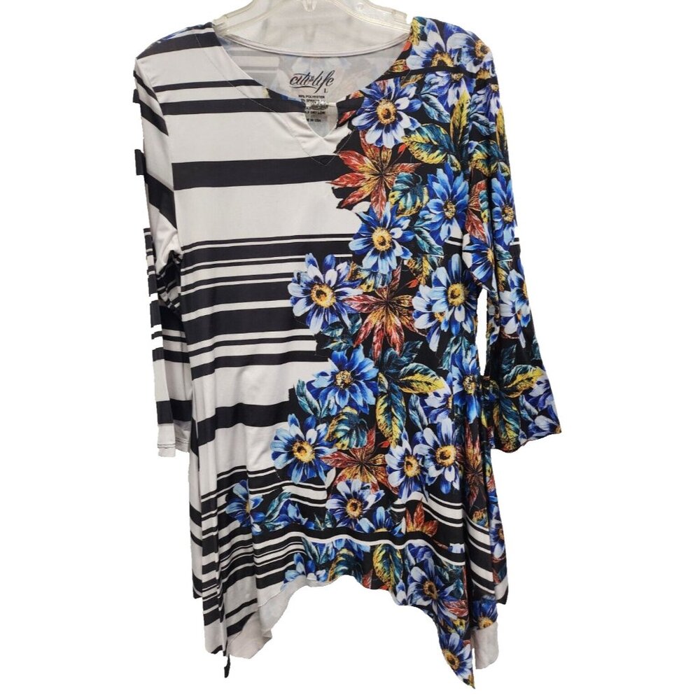 Citi Life Womens Wearable Art Tunic Top Large Floral Sharkbite 3/4 Sleeve Casual